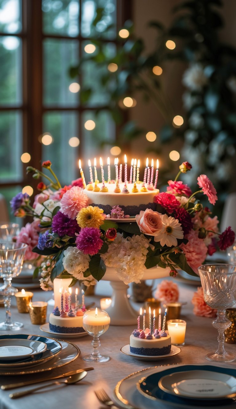 A birthday tablescape with miniature cake candles, flowers, and candles arranged on a decorated table in natural light.