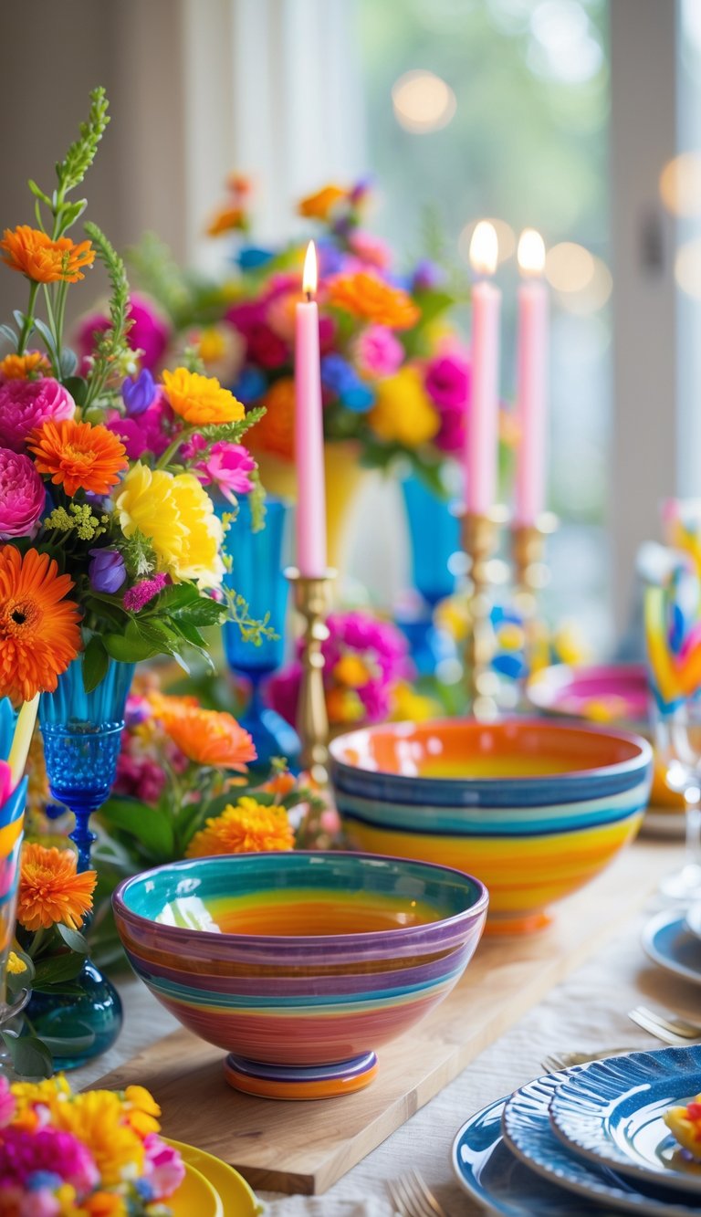 A birthday table set with colorful ceramic bowls, fresh flowers, and candles under natural light.