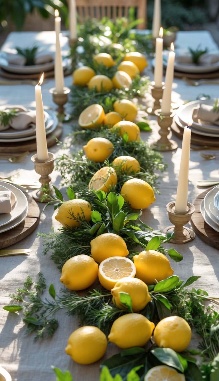 A full table set for an Italian dinner party with fresh lemons, green herbs, candles, and floral centerpieces arranged on a wooden table with natural daylight.