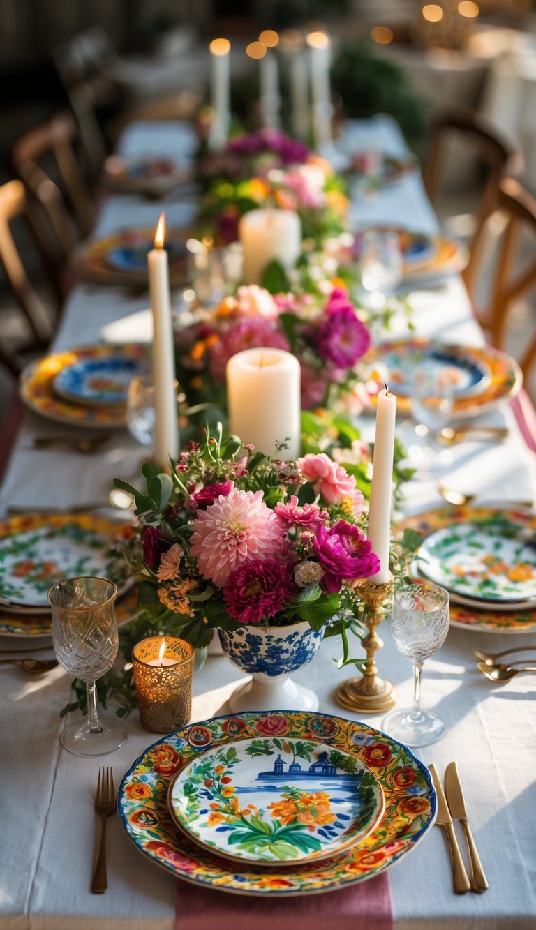 A dining table set with colorful hand-painted plates, floral centerpieces, and candles in natural light.