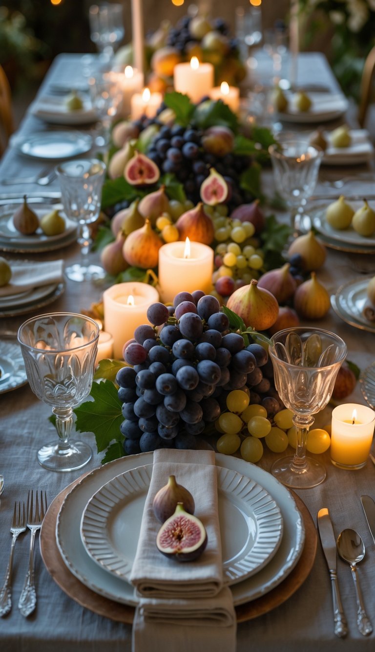 A beautifully arranged dinner table with fresh figs, grapes, candles, and floral centerpieces under natural light.