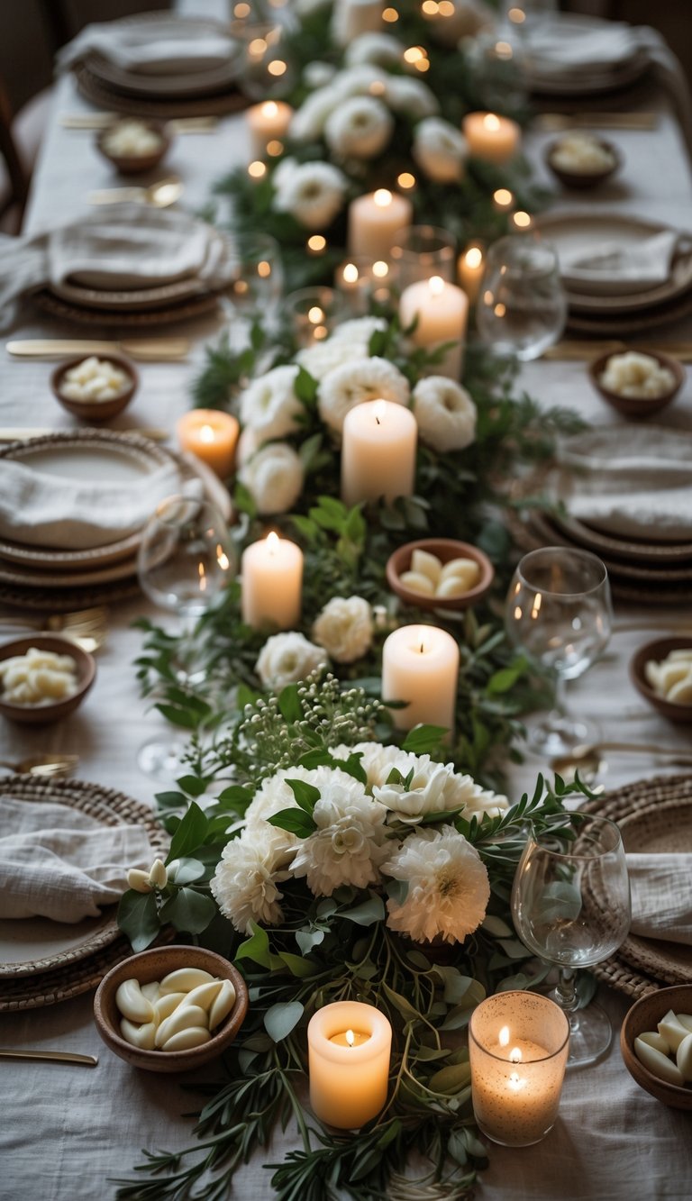 A beautifully arranged Italian dinner table with bowls of fresh garlic cloves, candles, flowers, plates, and glassware under natural light.