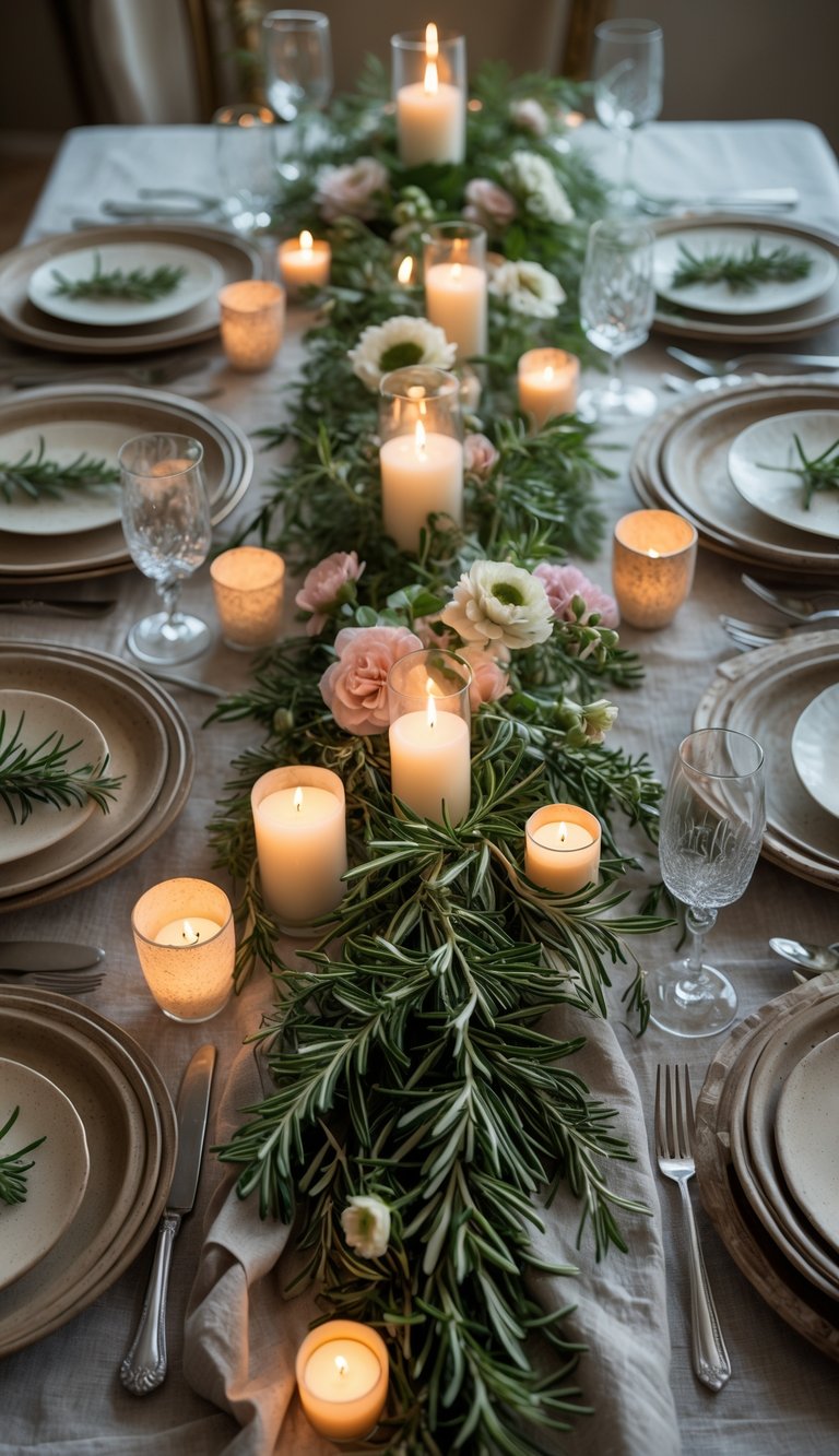 A full view of a dinner table set with plates, each decorated with fresh rosemary sprigs, surrounded by candles and floral centerpieces.