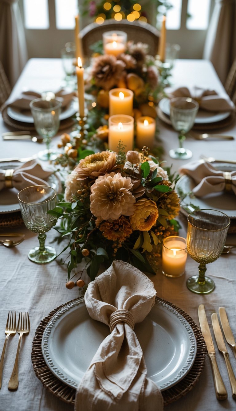 A beautifully arranged dinner table with tied napkins, floral centerpieces, and candles set for an Italian dinner party.