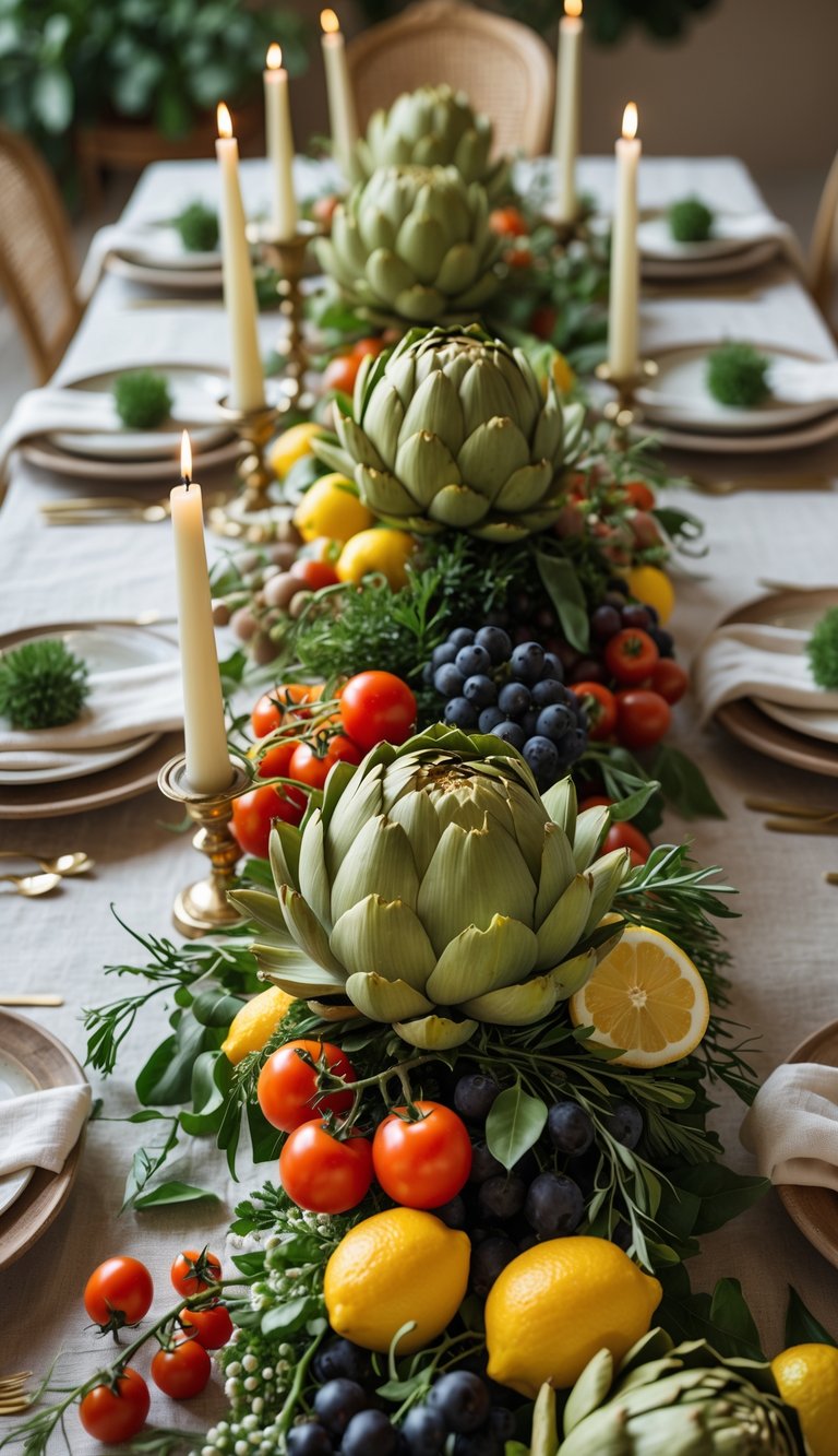A beautifully arranged dinner table decorated with artichokes, fresh fruits, flowers, and candles, set for an Italian dinner party.