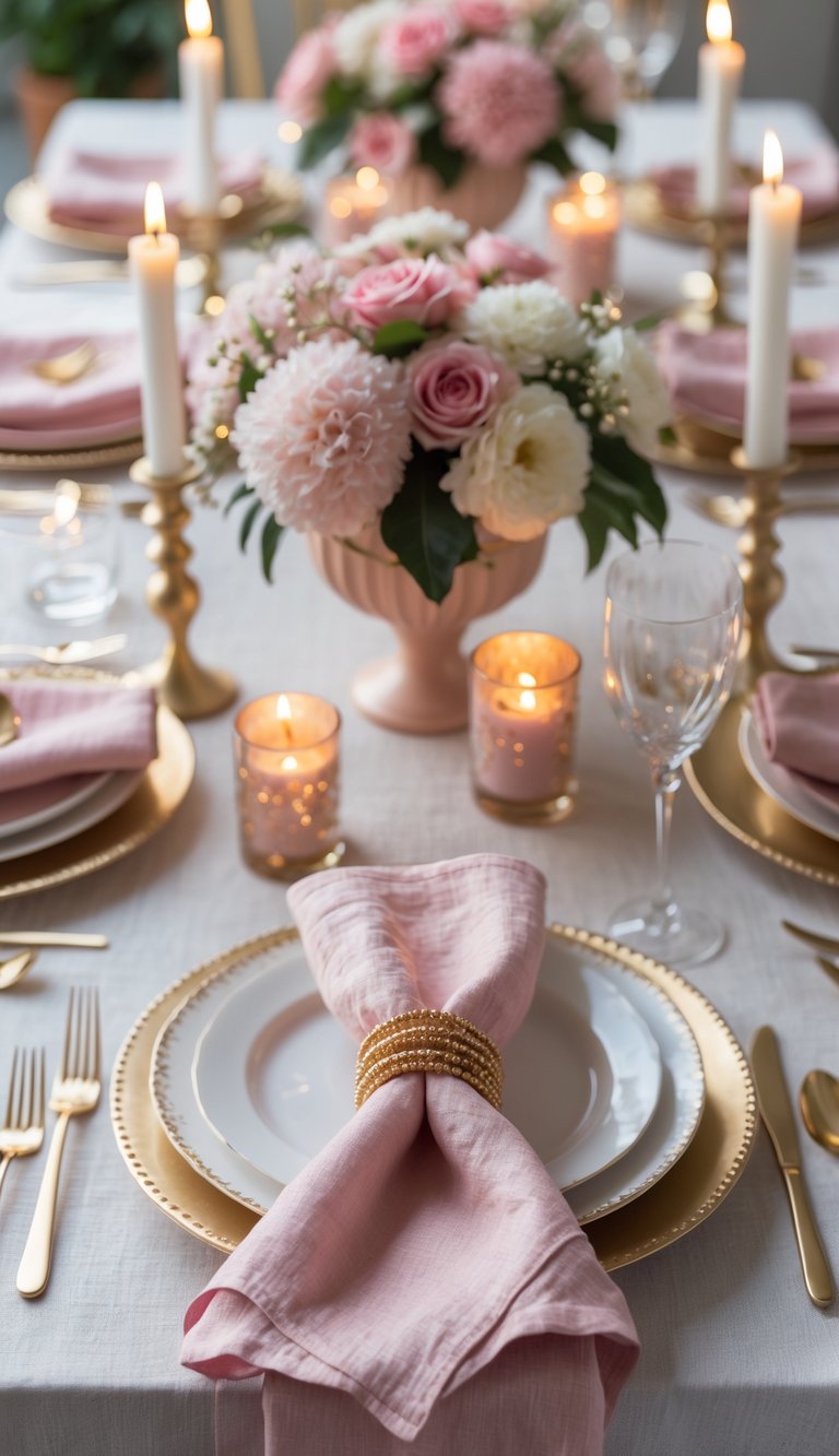 A full table set with soft pink napkins with gold rings, pink and white floral centerpieces, candles, fine china, and glassware under natural light.