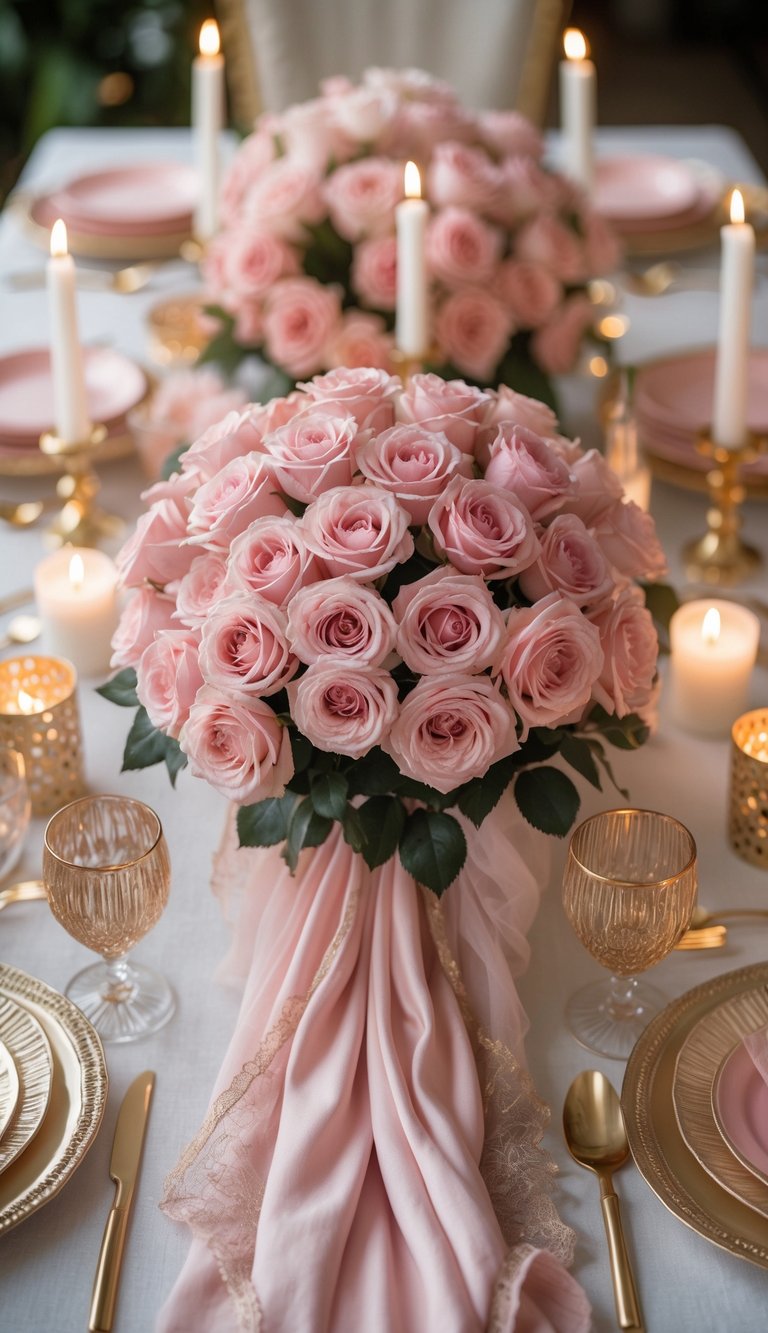 A full table set with a pink blush rose bouquet centerpiece, pink and gold decorations, candles, and elegant tableware.