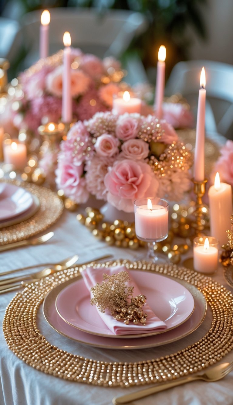 A beautifully arranged table set with gold beaded placemats, pink flowers, and lit candles.