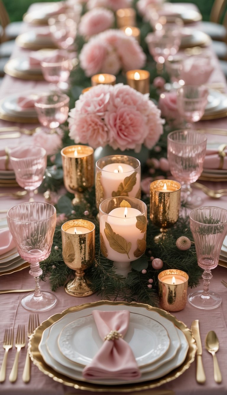 A beautifully arranged event table with pink flowers, gold votive candle holders, and candles, set with glassware and greenery.