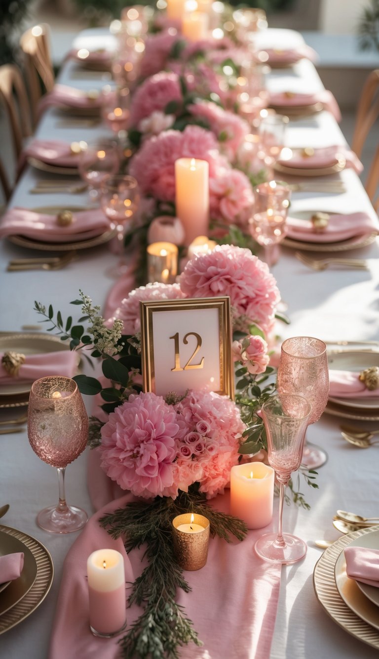 A full view of a decorated table with pink flowers, gold table numbers, candles, and greenery arranged for an event.