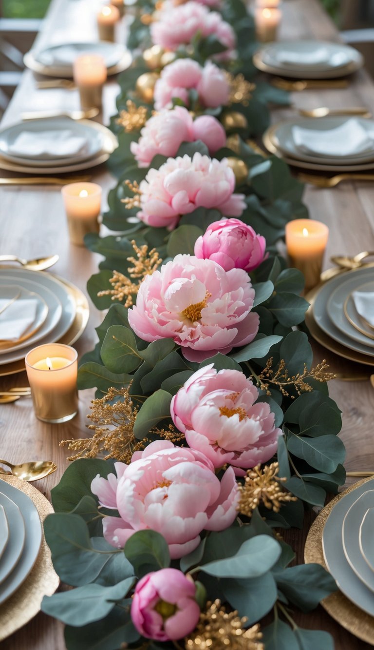 A full view of a decorated table with a pink peony and gold eucalyptus garland centerpiece, candles, and table settings.