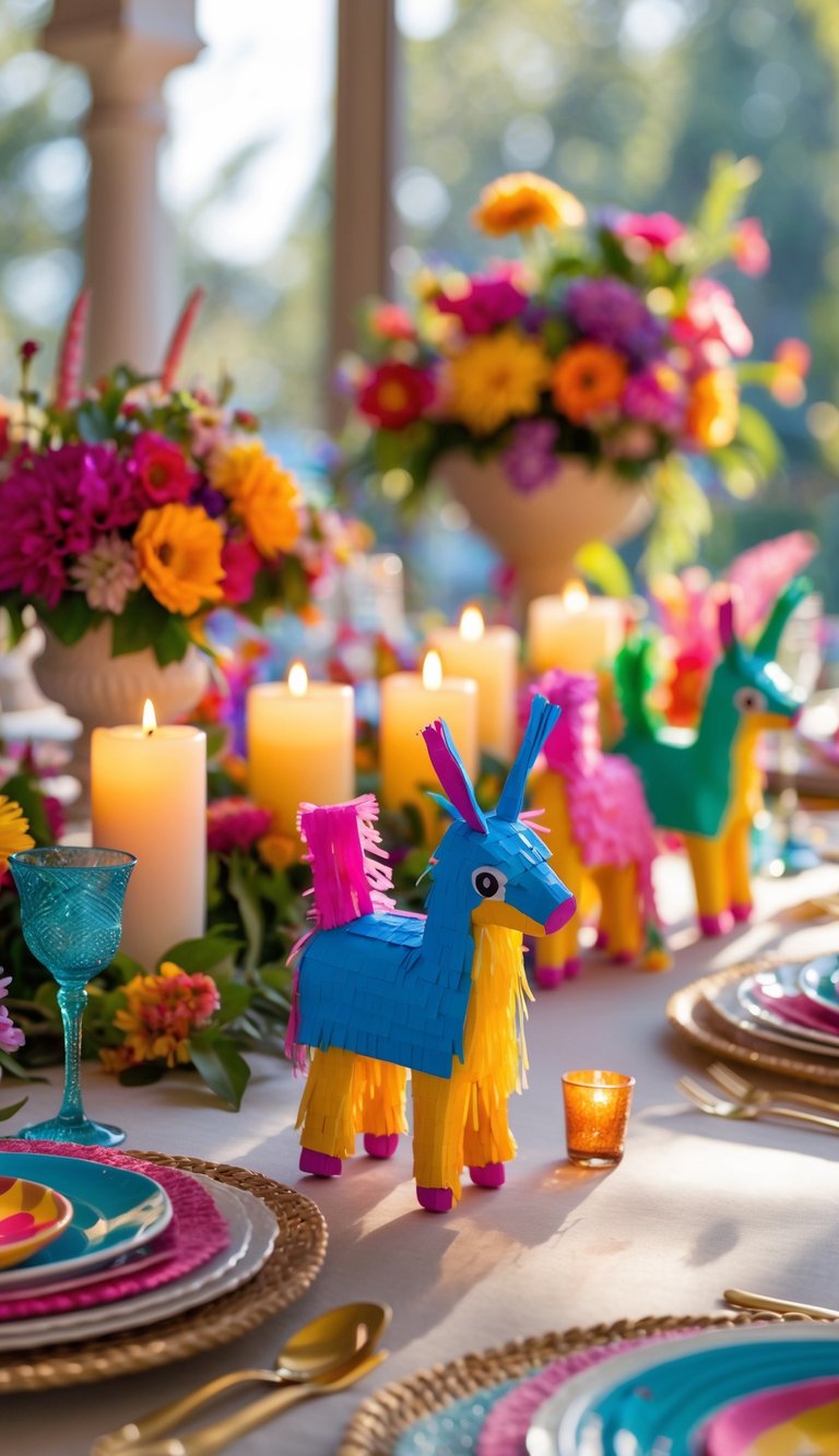 A festive table set with mini piñata place card holders, colorful flowers, candles, and tableware in natural daylight.