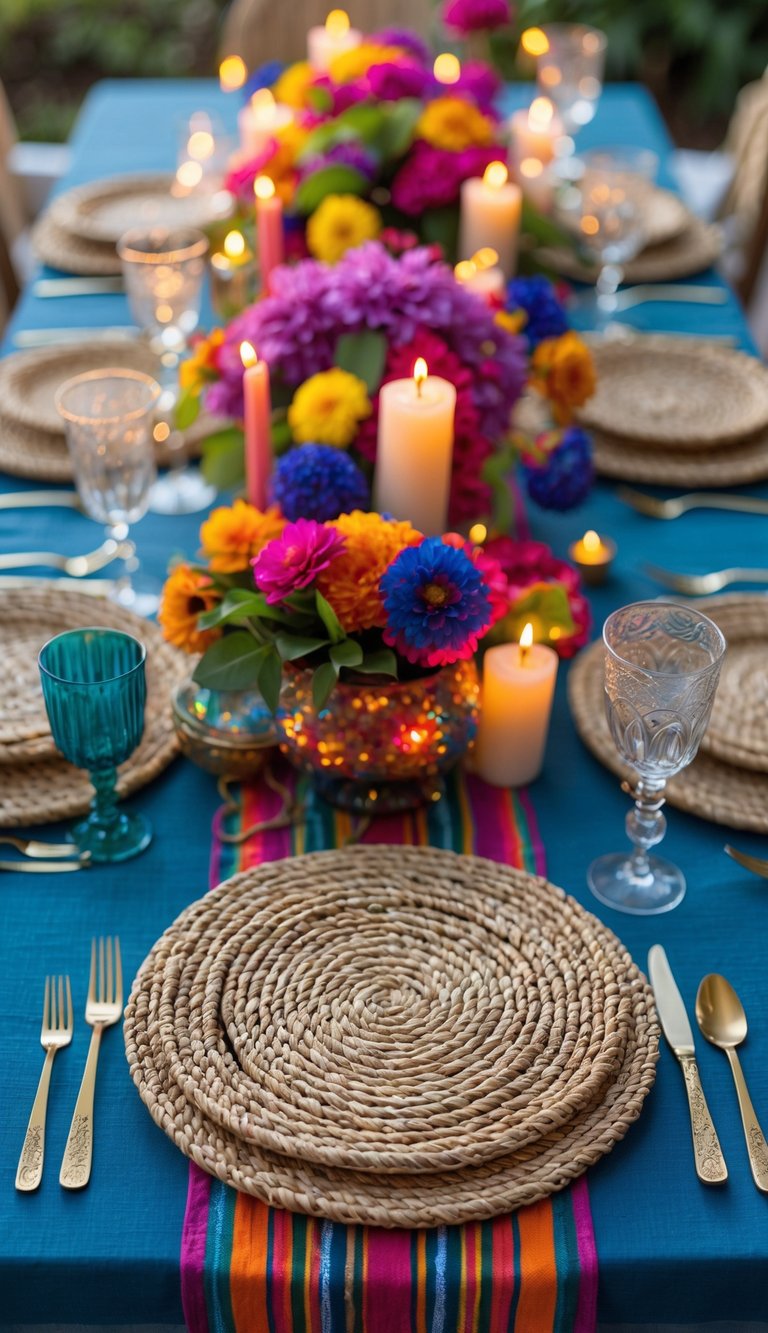A full dining table set with woven straw chargers, colorful floral centerpieces, and candles, illuminated by natural light.
