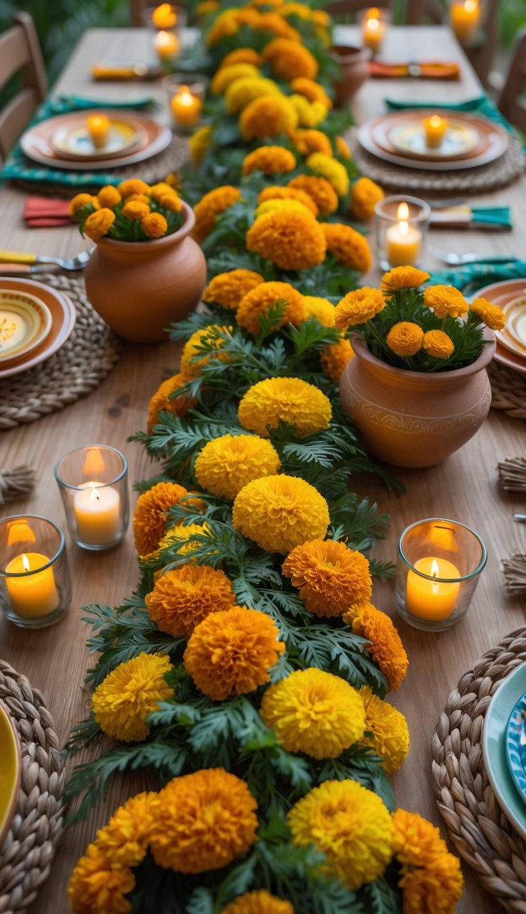 A full table set with fresh marigold garlands, candles, colorful plates, and floral centerpieces in natural light.
