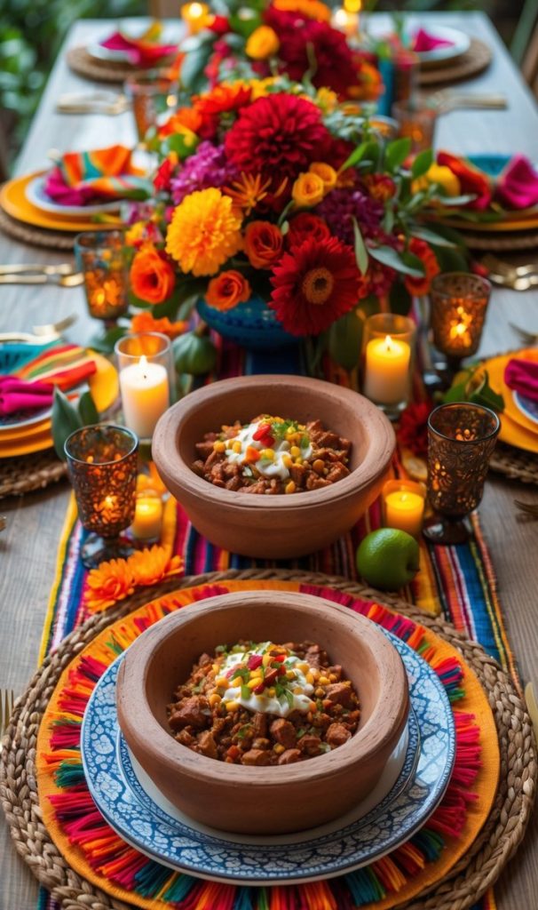 A festive table setting with colorful plates, woven placemats, vibrant napkins, candles, and two bowls of chili, surrounded by bright flowers and decorative elements.