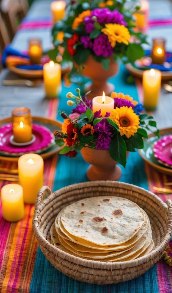 A basket of tortillas sits on a colorful table set with plates, candles, and vibrant flower arrangements.