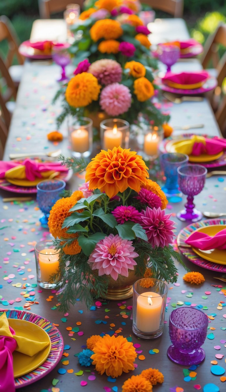 A full view of a festive table decorated with colorful confetti, bright floral centerpieces, candles, and vibrant tableware under natural light.