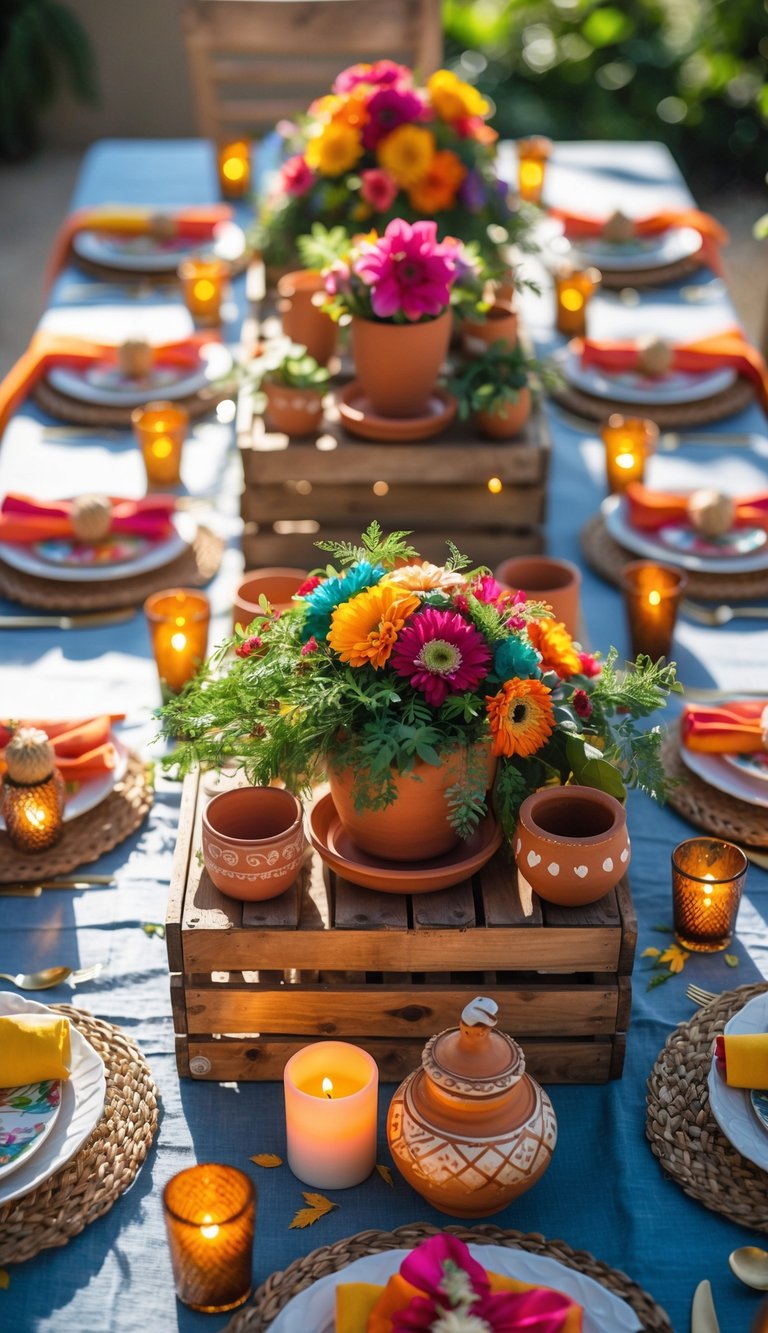 A full table setup with rustic wooden crates holding floral centerpieces, surrounded by candles and colorful tableware, lit by natural sunlight.