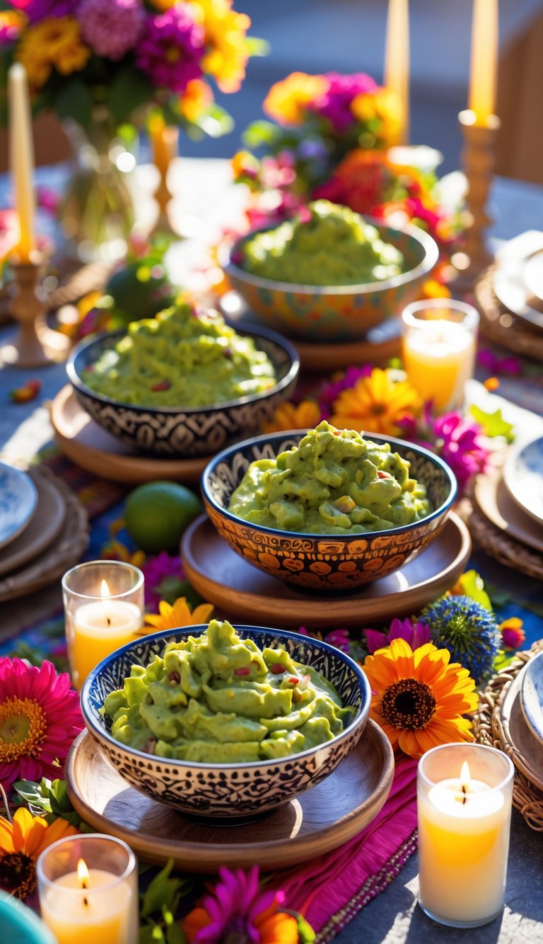 A full view of a festive table featuring decorative bowls of guacamole surrounded by flowers and lit candles.