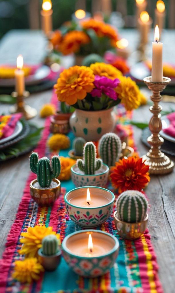 A decorated table with candles, small cacti in painted pots, colorful flowers, and a woven table runner, set for a festive gathering.