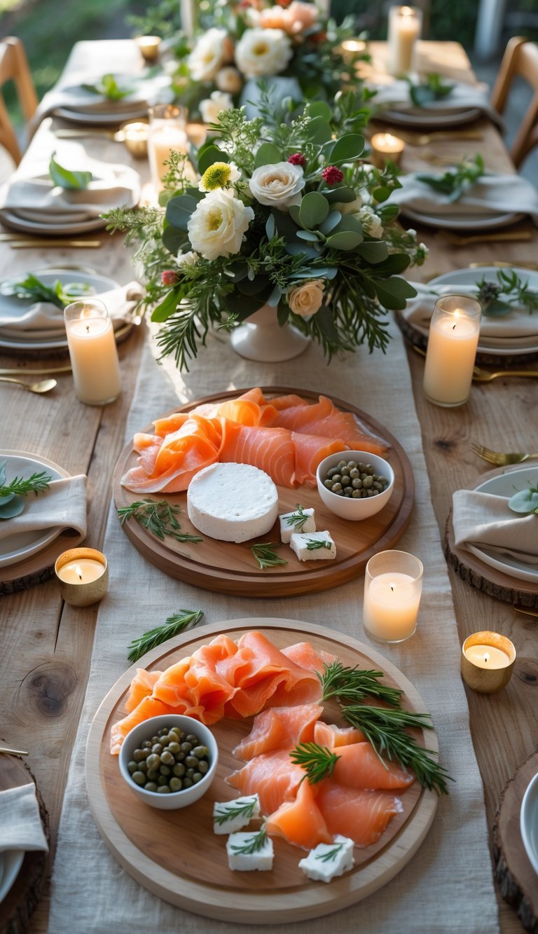 A beautifully arranged seafood charcuterie table with smoked salmon, cream cheese, capers, candles, and floral centerpieces on a wooden table.