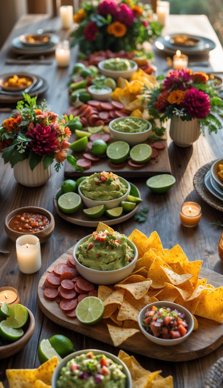 A fully set Tex-Mex grazing table with chorizo, guacamole, tortilla chips, candles, and floral centerpieces under natural light.