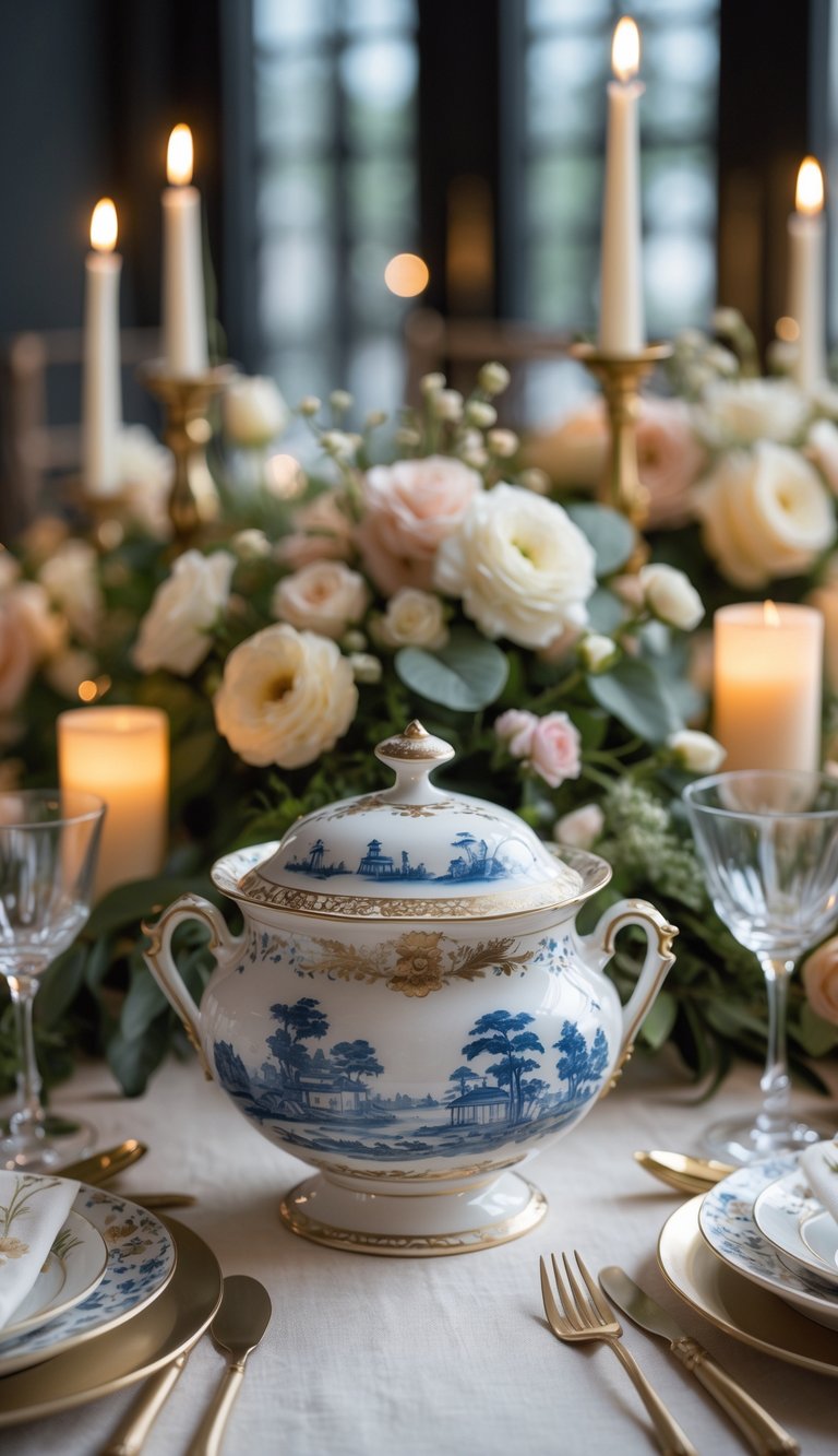 A beautifully arranged dining table with a porcelain tureen, candles, and floral centerpieces under natural light.