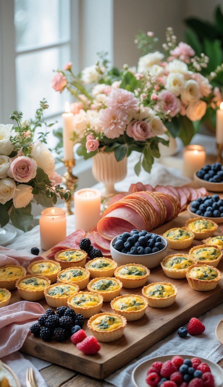 A brunch charcuterie table with mini quiches, smoked ham, fresh berries, floral centerpieces, and lit candles arranged on a wooden table.