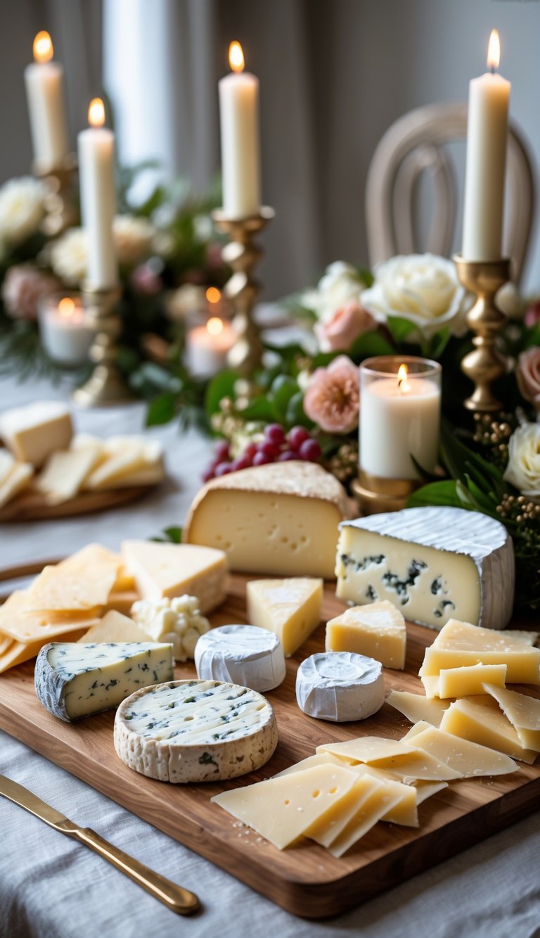 A full view of a table with a cheese board featuring blue cheese, camembert, and parmesan shards, surrounded by candles and flowers.