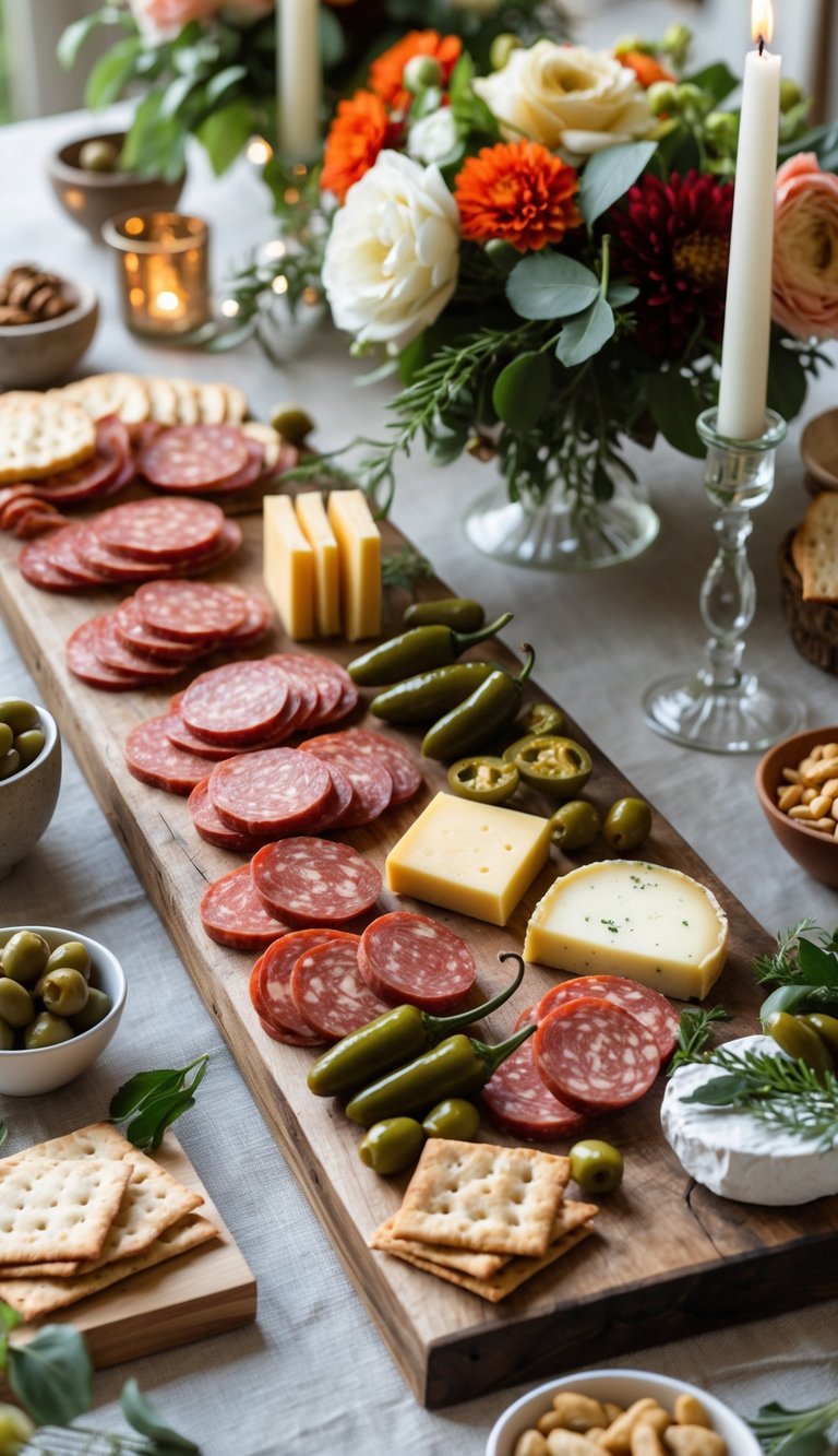 A full table view featuring a spicy charcuterie board with chorizo, pepper jack cheese, pickled jalapeños, candles, floral centerpieces, and various small bowls of snacks.