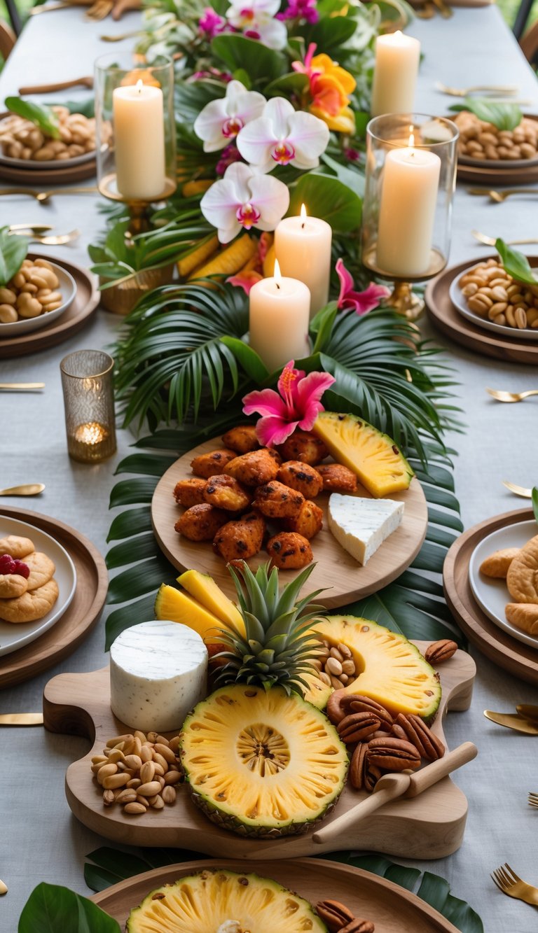 A tropical-themed charcuterie table with pineapple slices, jerk chicken bites, coconut cheese, tropical flowers, candles, and natural daylight.