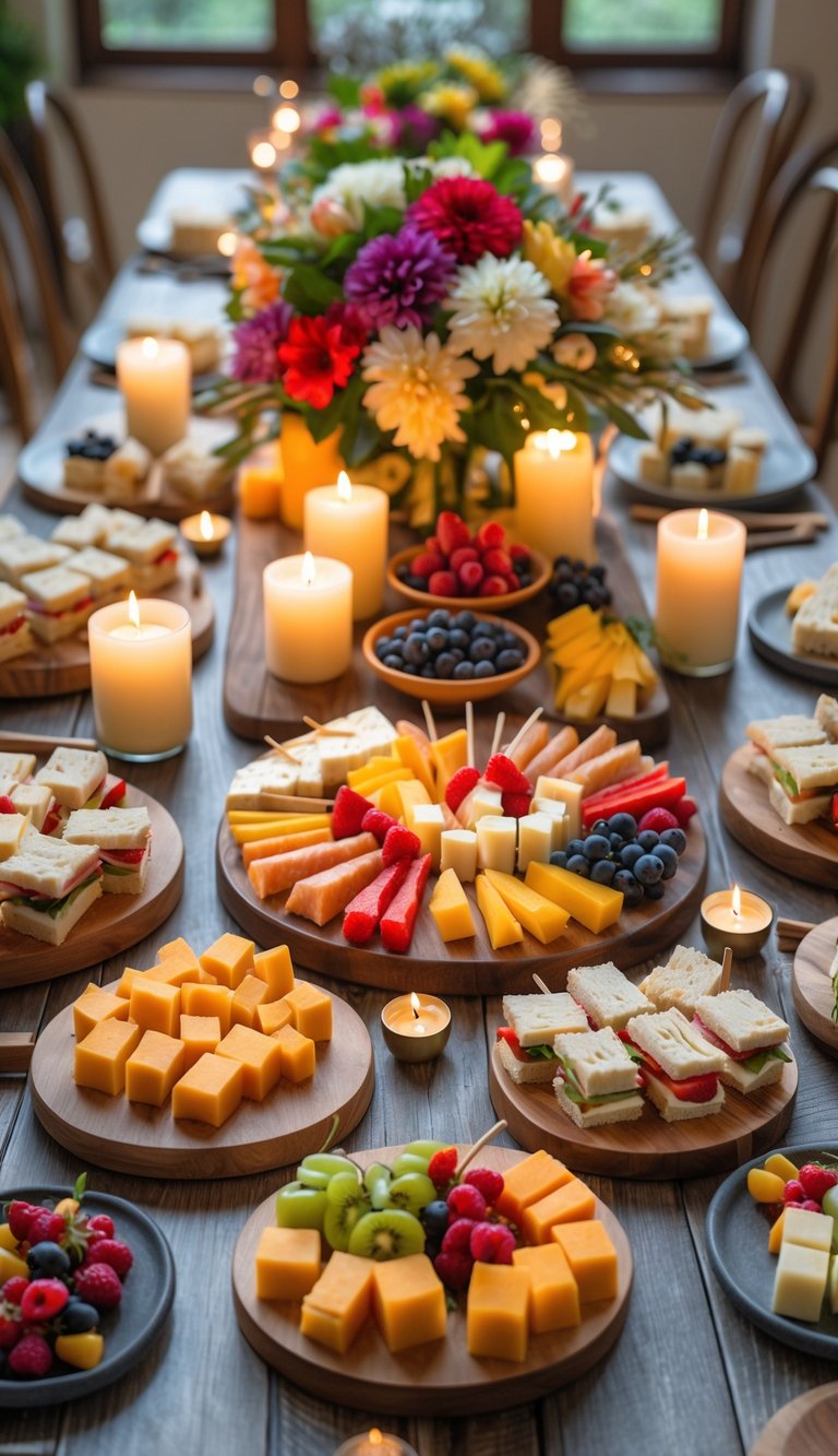 A full view of a table with mini sandwiches, cheese cubes, and fruit skewers arranged alongside floral centerpieces and candles.