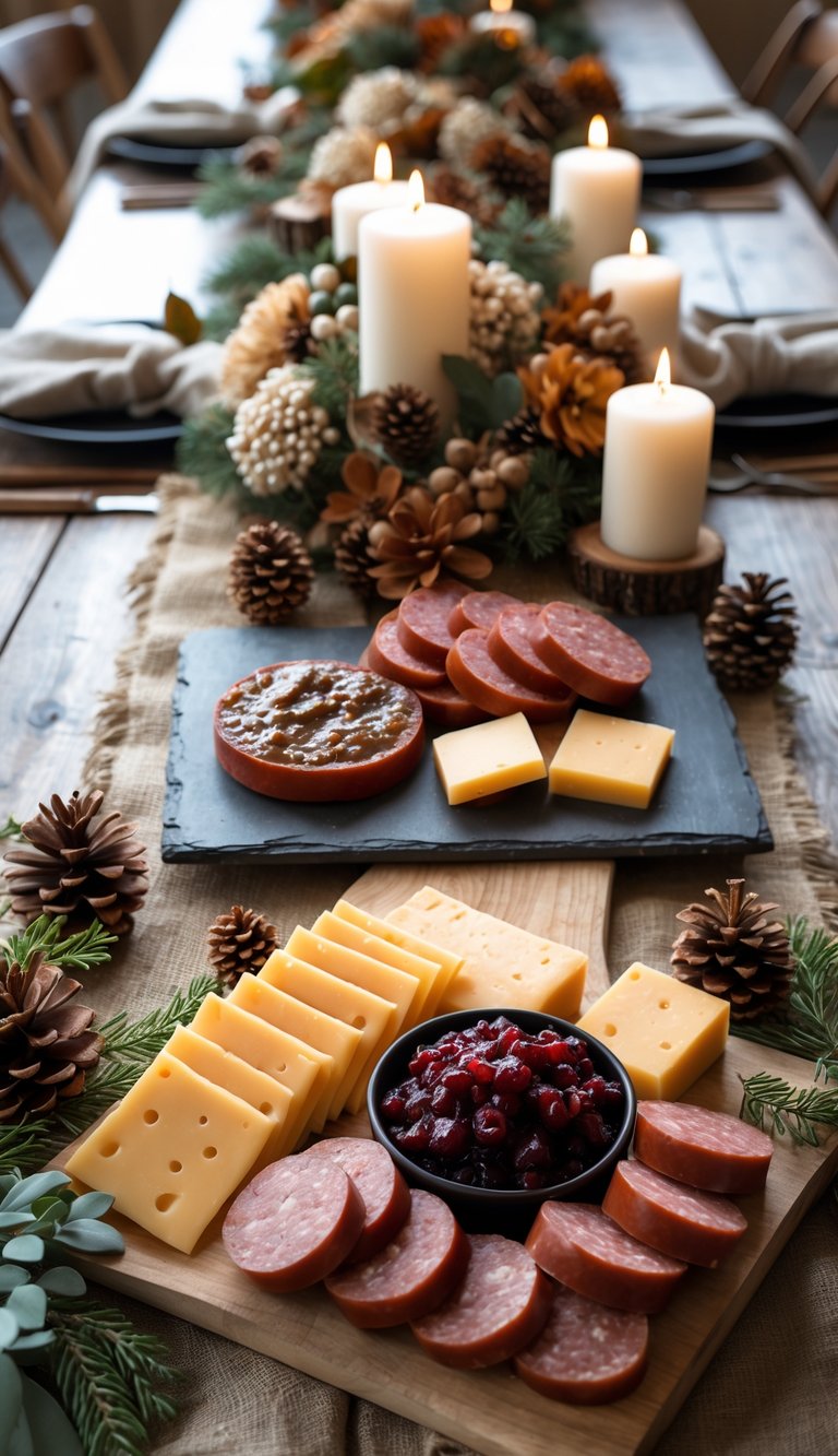 A rustic table set with venison sausage, smoked cheddar, cranberry relish, candles, and floral centerpieces, all arranged on wooden boards and natural linens under soft natural light.