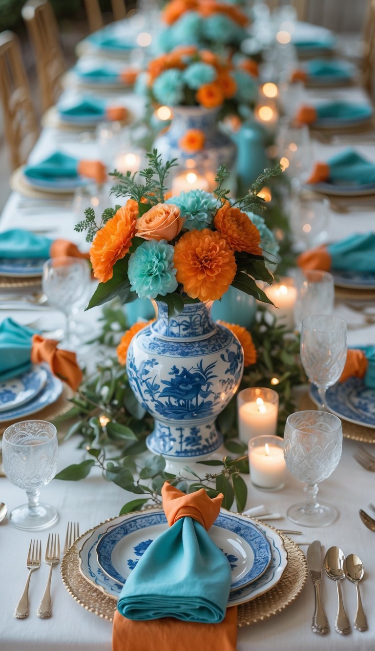 A fully set dining table with turquoise and orange napkin ties, blue and white porcelain vases with flowers, candles, and neatly arranged plates and glassware.