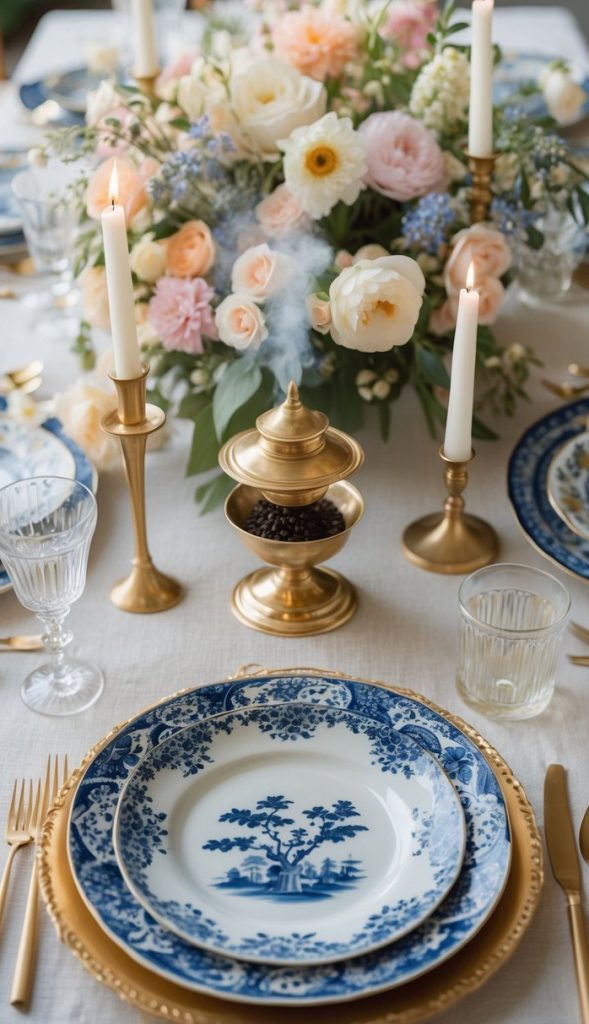 A formal dining table set with blue and white plates, gold cutlery, lit candles, glassware, and a floral centerpiece featuring pink and white flowers.