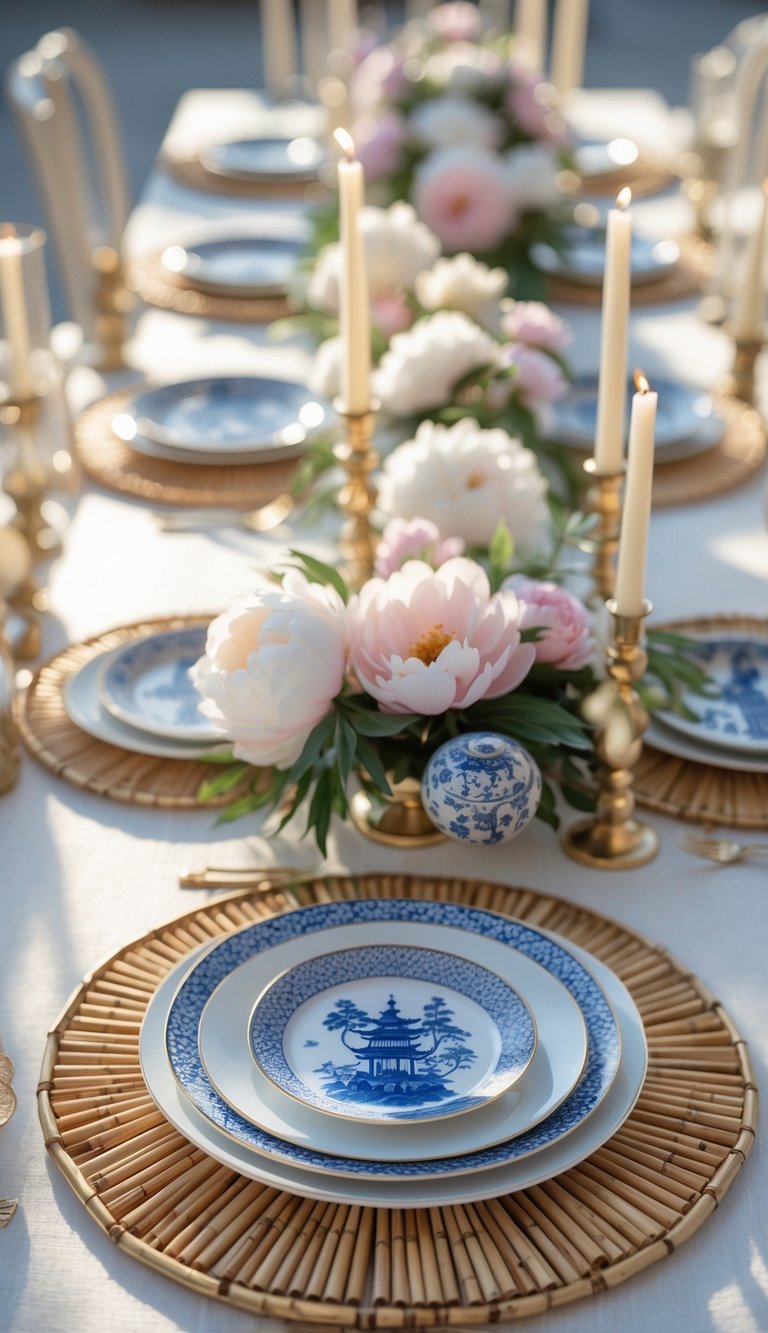 A beautifully set table with bamboo placemats, blue and white porcelain dishes, candles, and floral centerpieces, softly lit by natural light.