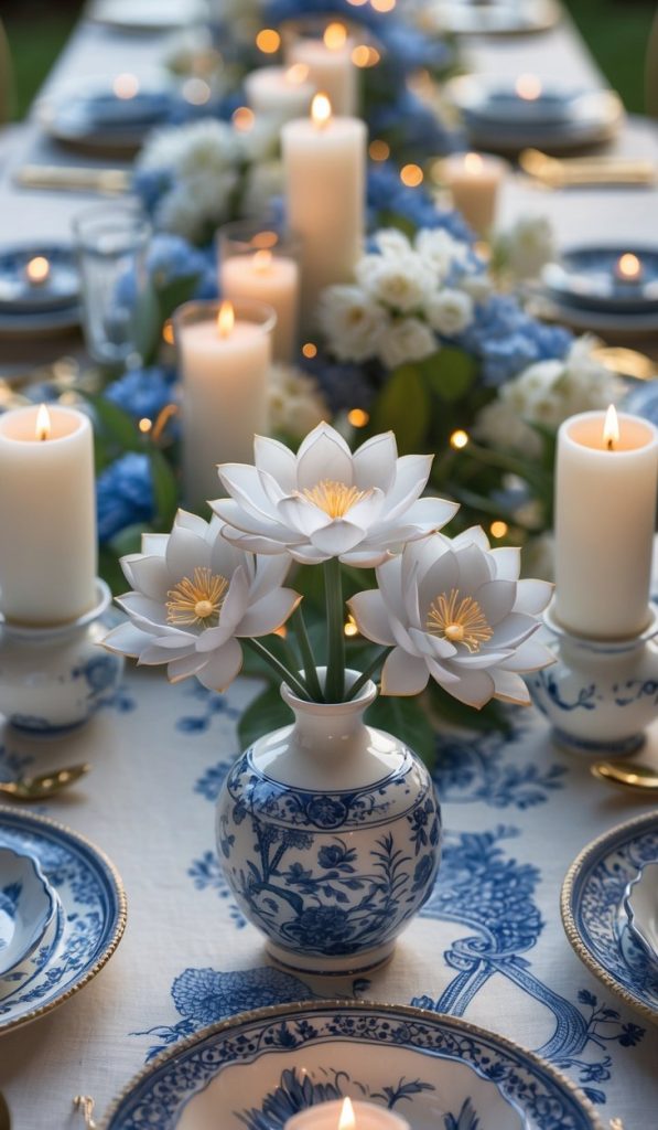 A dining table set with blue and white china, white lotus flowers in a vase, and lit candles, with a floral centerpiece running along the middle.