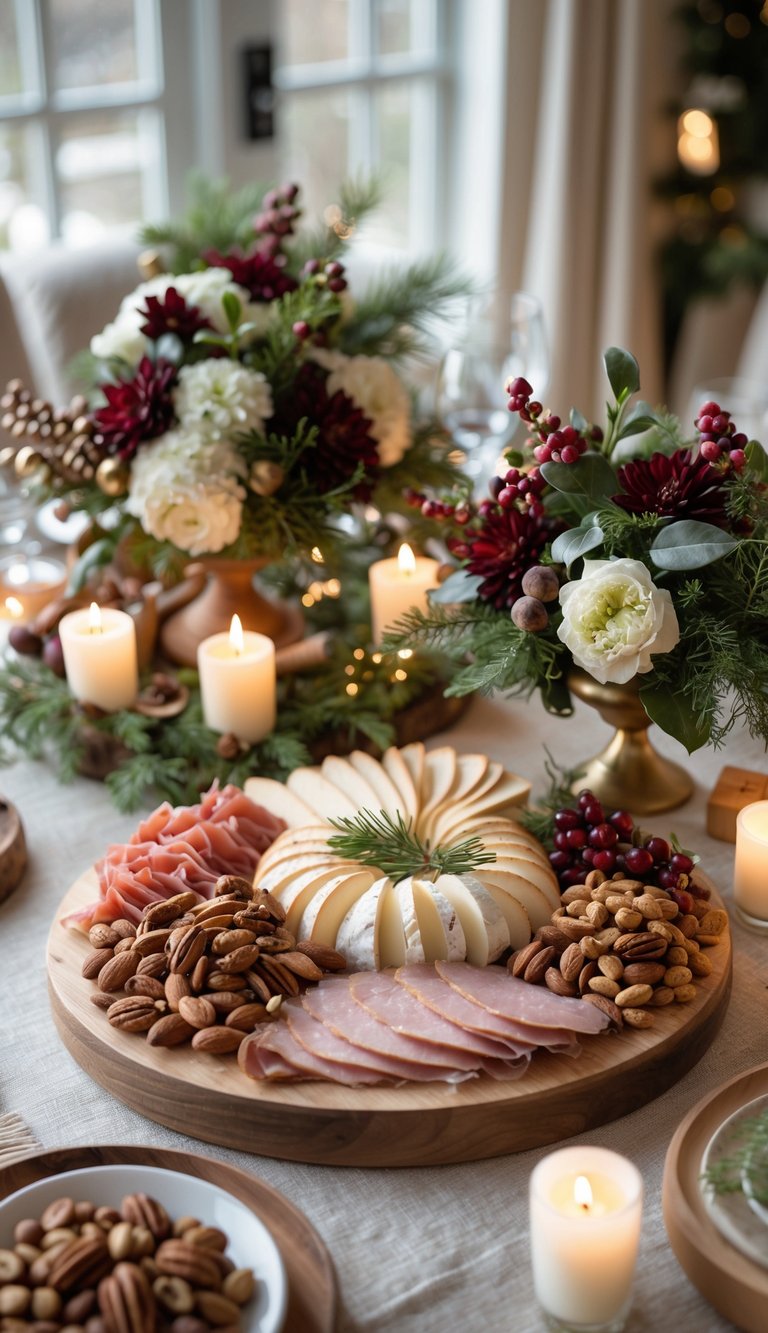 A holiday cocktail party table set with smoked turkey, brie, spiced mixed nuts, candles, and floral centerpieces.
