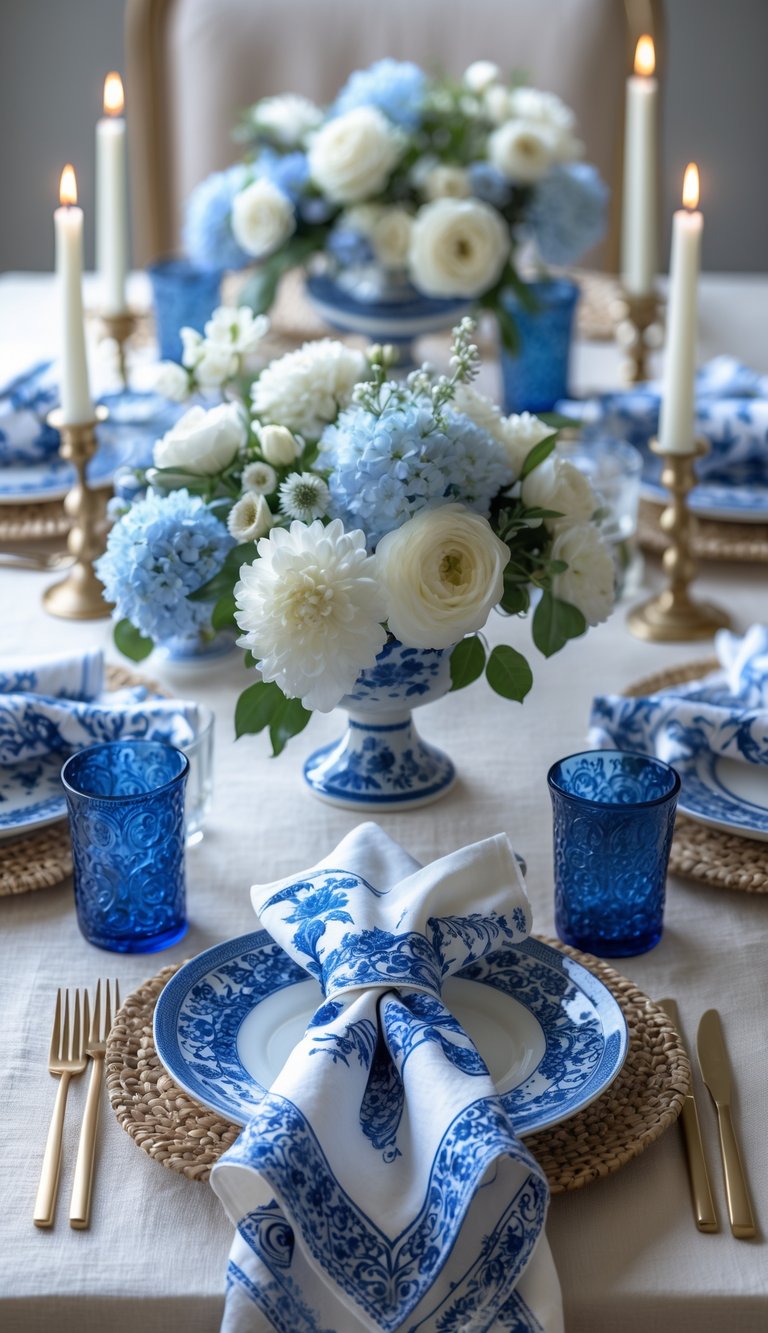 A full view of a dining table set with blue and white layered napkins, porcelain vases with flowers, and candles arranged evenly along the table.