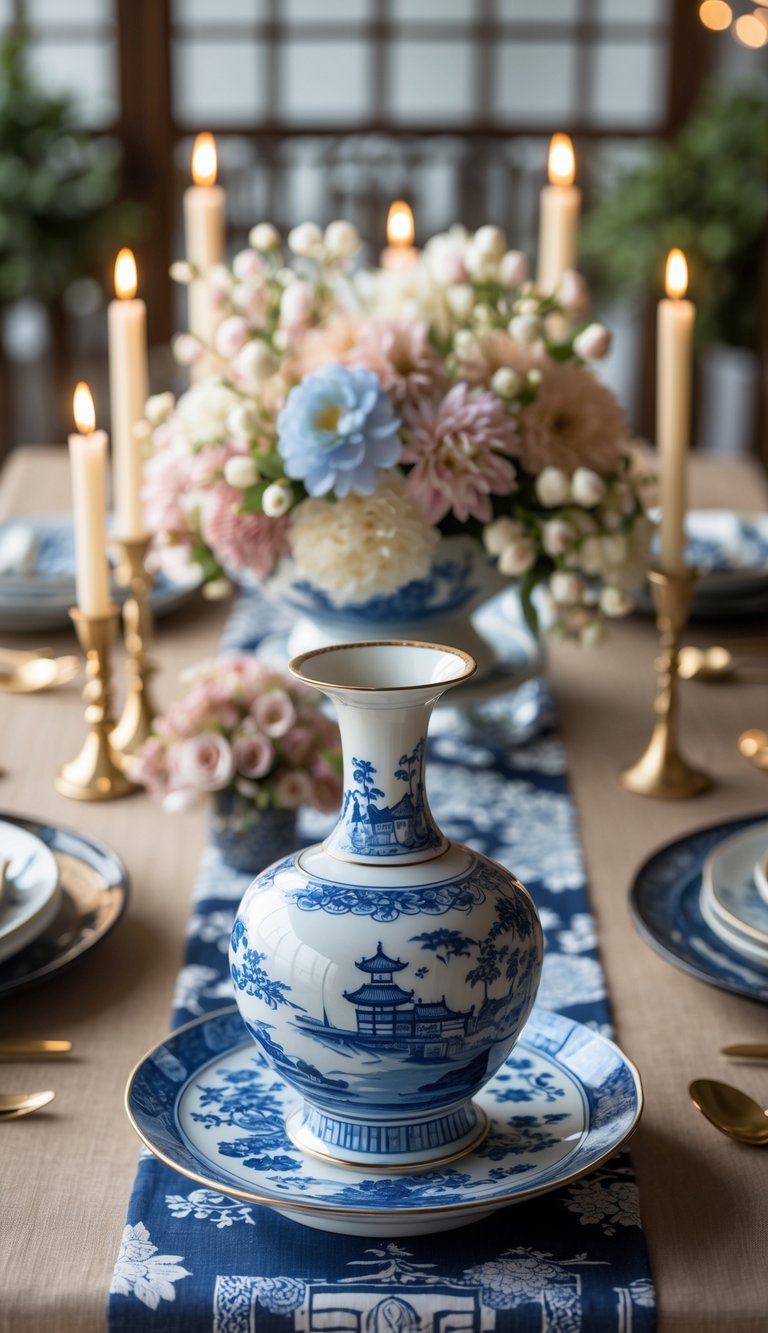A full view of a table set with a porcelain sake set, floral centerpieces, candles, and decorative plates arranged for a festive event.
