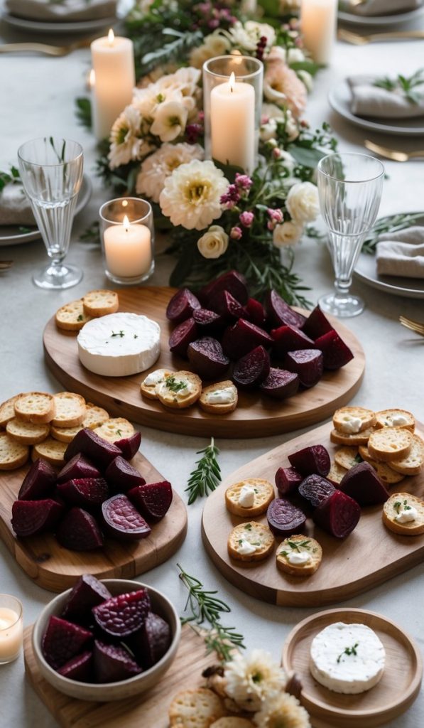 A table set with platters of sliced beets, crackers, and cheese, surrounded by lit candles, flower arrangements, and place settings.