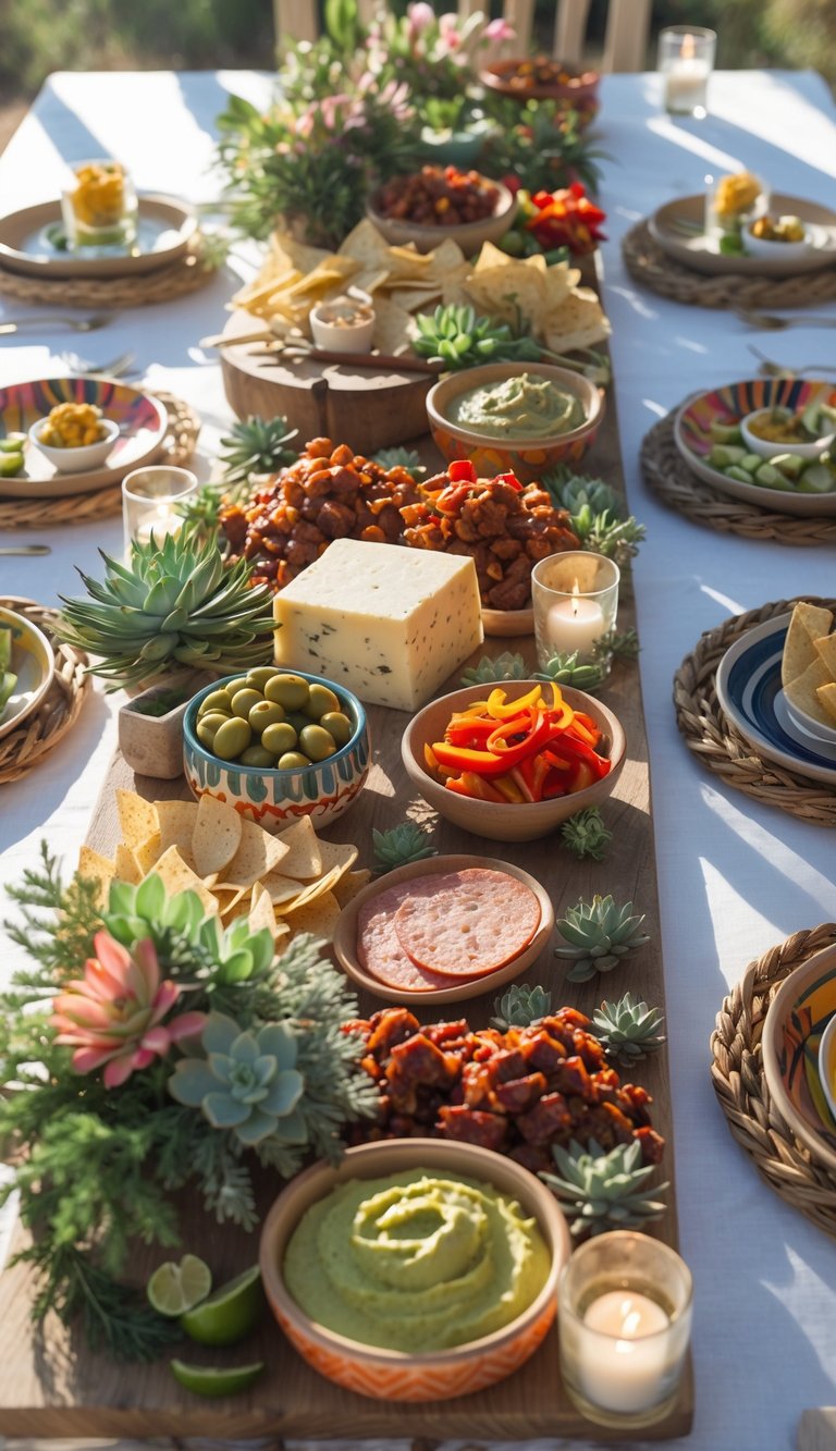 A Southwestern grazing table featuring pepper jack cheese, chorizo, avocado salsa, flowers, candles, and various complementary foods arranged on a wooden table.