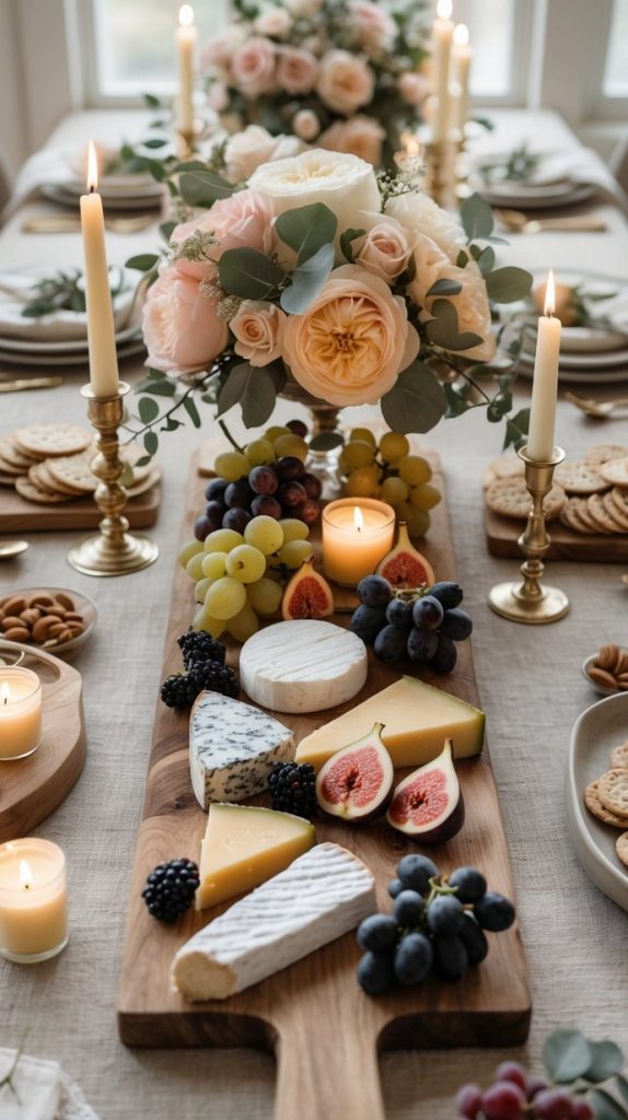 A dining table set with a cheese and fruit platter, crackers, candles, and a floral centerpiece, arranged for a formal gathering.