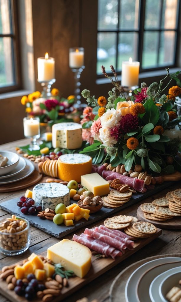 A rustic table set with assorted cheeses, crackers, nuts, fruit, cured meats, floral centerpiece, and lit candles in a cozy, sunlit room.