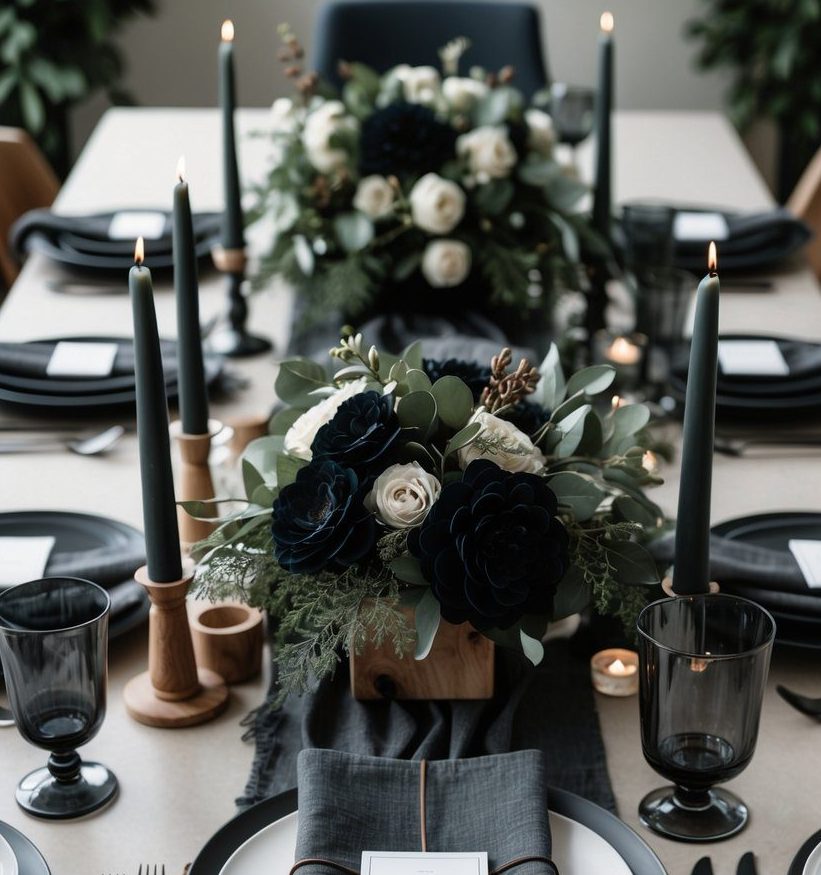 A formal dining table is set with black plates, dark napkins, black candles, glassware, and a floral centerpiece with white and dark flowers.