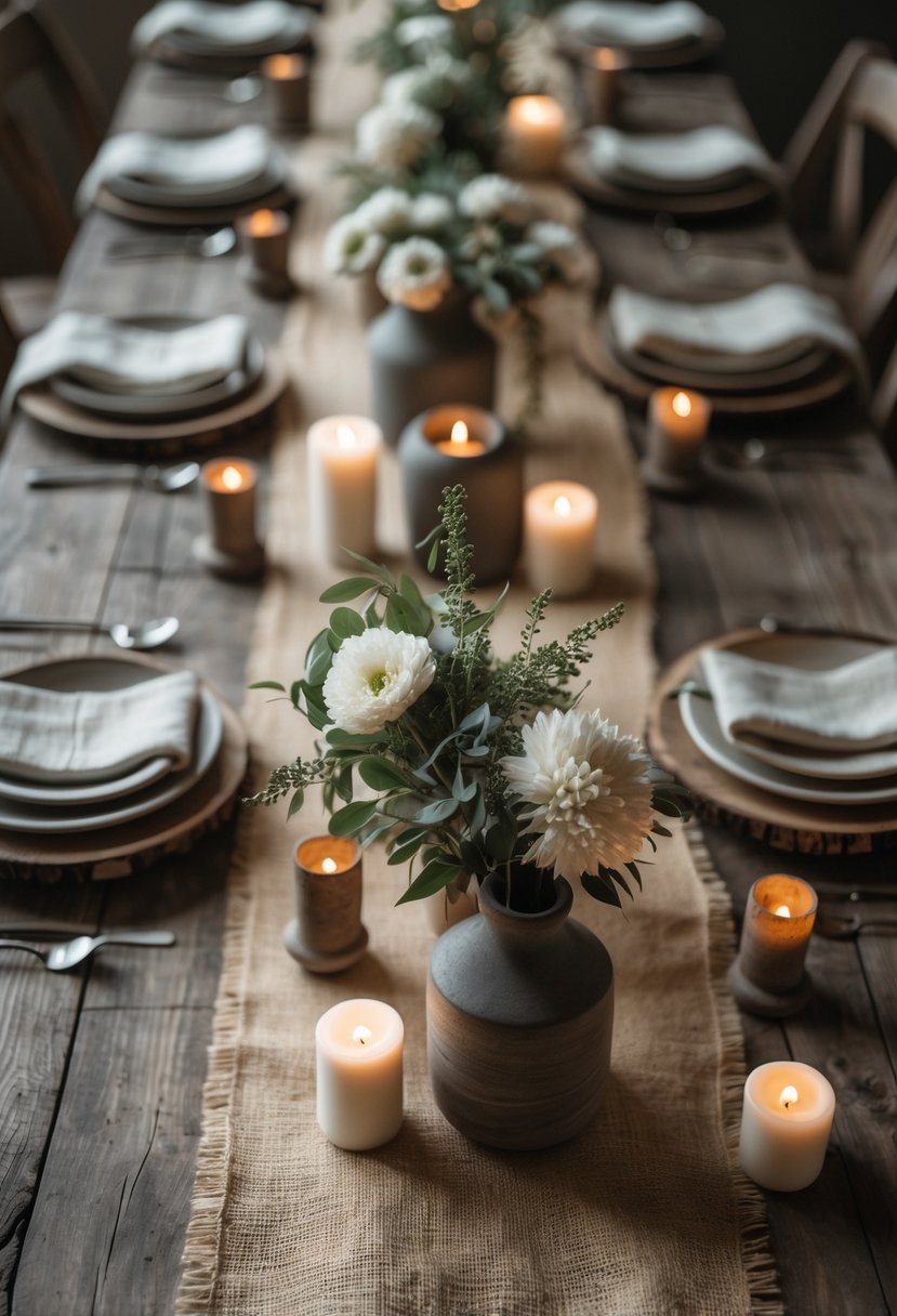 A rustic table set with a burlap runner, candles, floral centerpieces, and dark wood accents under natural light.