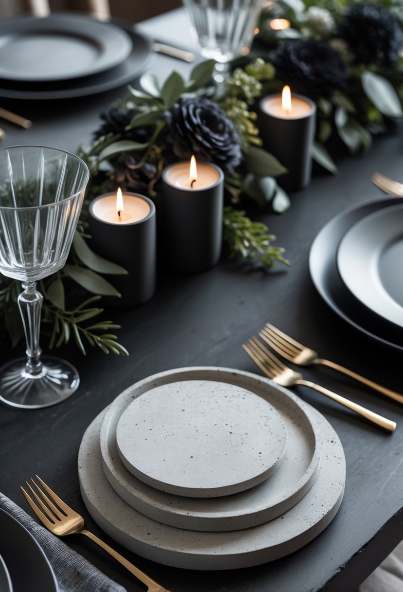 A full view of a masculine tablescape with geometric concrete coasters, dark florals, lit candles, and elegant tableware on a wooden table.