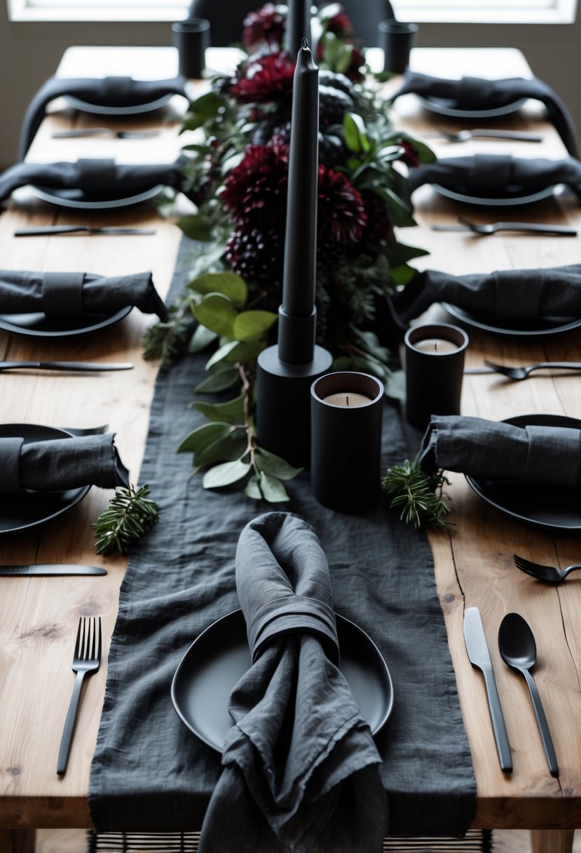 A full table set with black linen napkins, dark florals, candles, and dark-toned dinnerware on a wooden table illuminated by natural light.