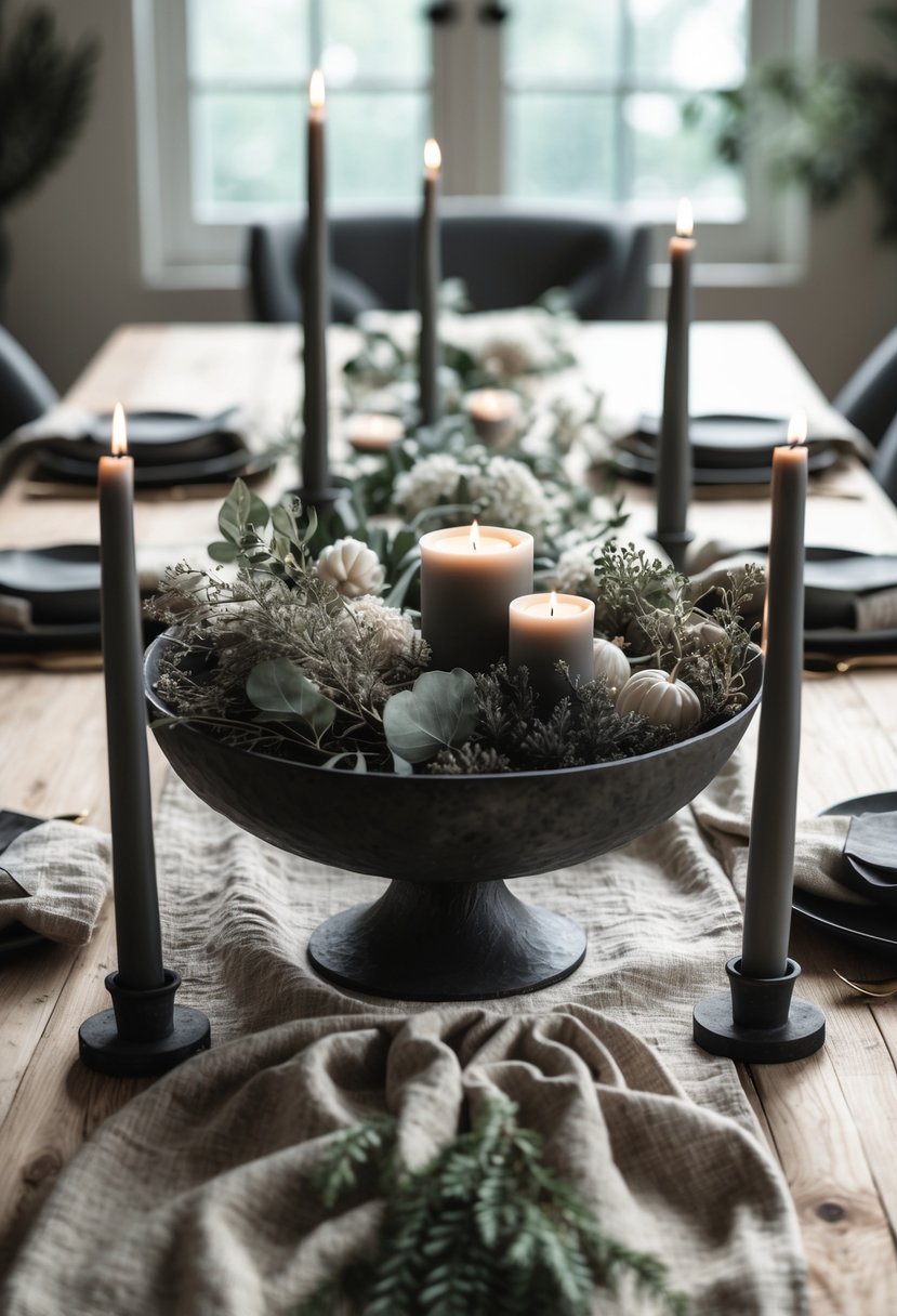 A full view of a table set with a minimalist iron bowl centerpiece, candles, and floral arrangements under natural light.
