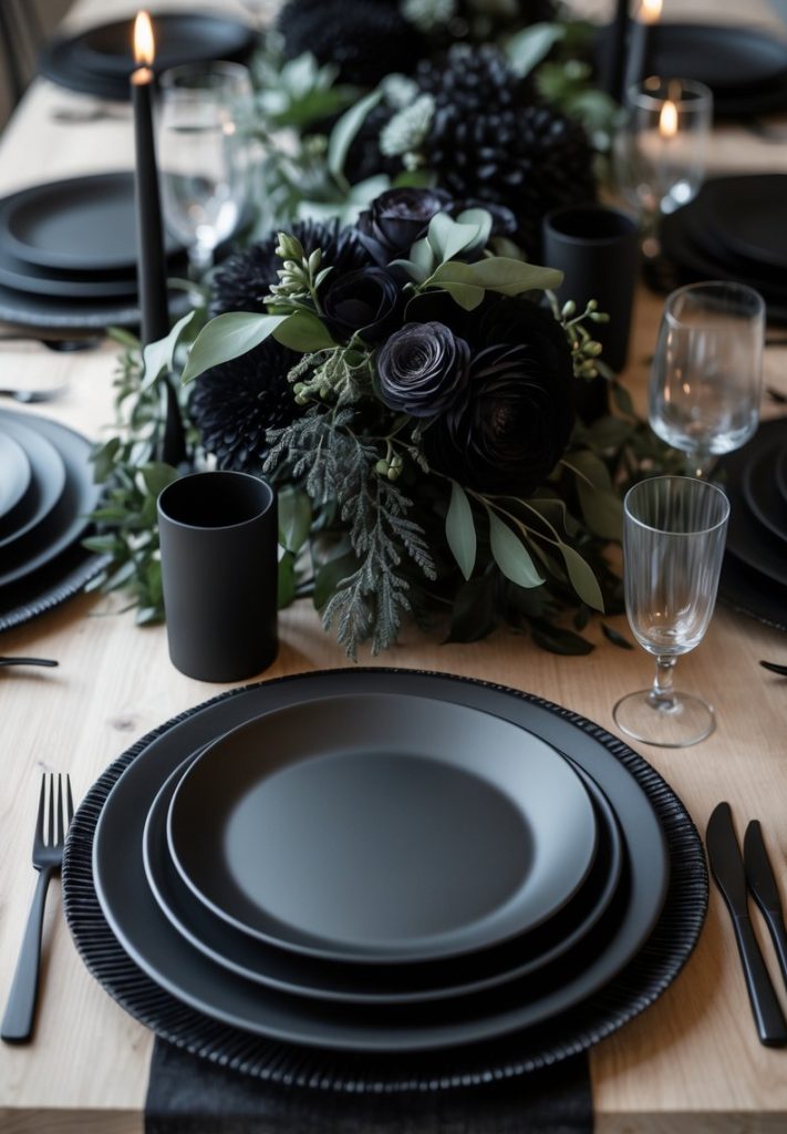 A dining table set with matte black plates, cups, and cutlery, black candles, clear glasses, and a centerpiece of dark flowers and greenery.